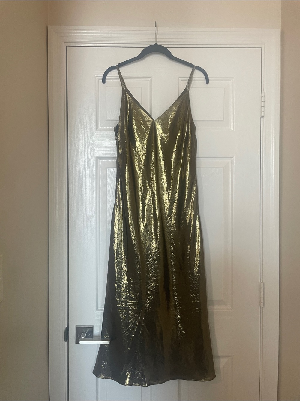 Express Metallic Gold Slip Midi Dress with V-Neck and Spaghetti Straps